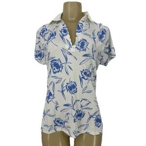Ralph Lauren White Short Sleeve Polo Top with Blue Floral Print